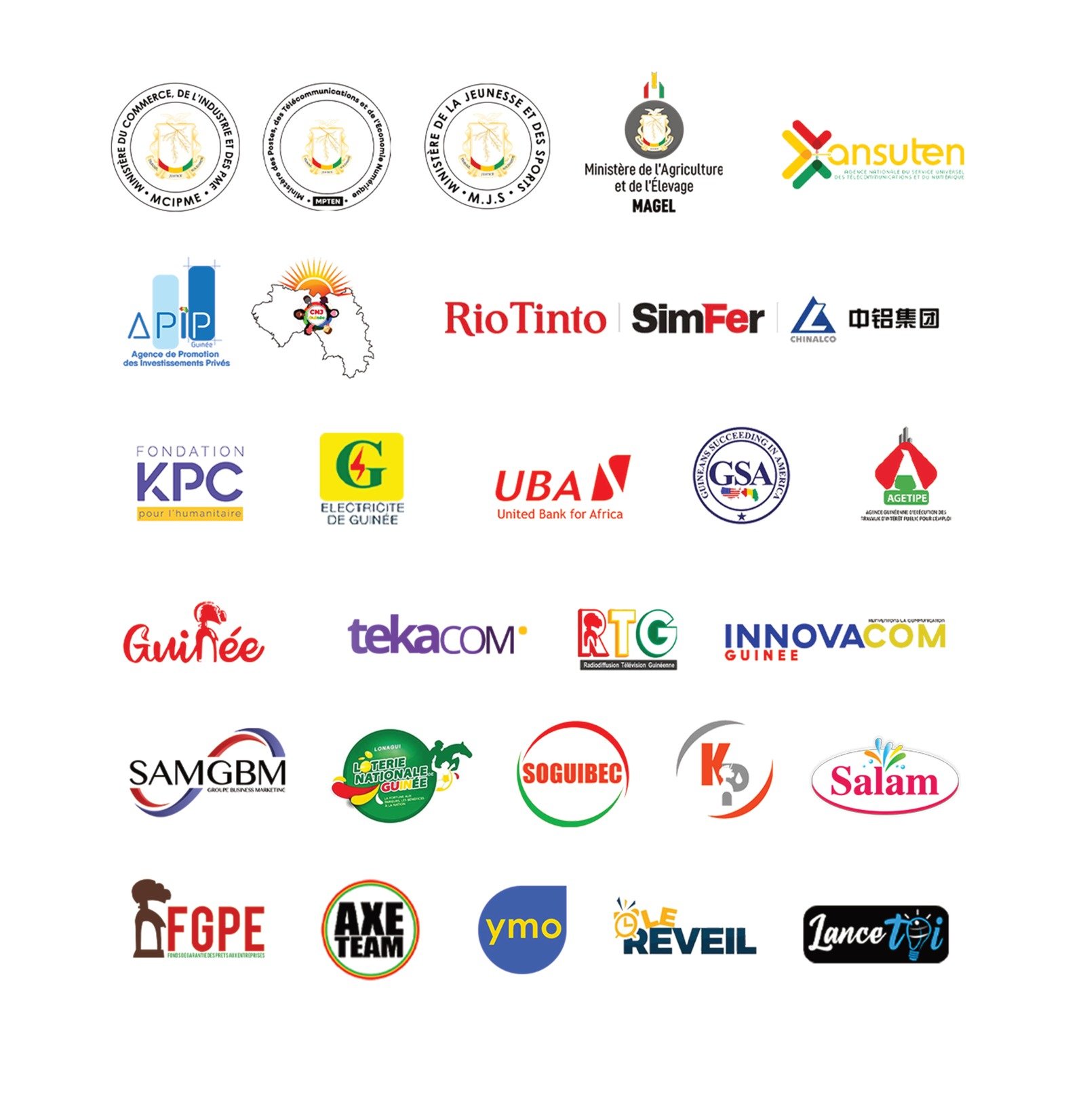 Partenaires et soutiens du concours : ministères guinéens (Commerce & Industrie, Postes & Économie numérique, Jeunesse & Sports, Agriculture & Élevage), ANSUTEN, APIP Guinée, Rio Tinto, SimFer, Chinalco, Fondation KPC, Électricité de Guinée, UBA, GSA, AGETIPE, RTG, tekaCOM, INNOVACOM, Loterie Nationale, SAMGBM, SOGUIBEC, Salam et autres